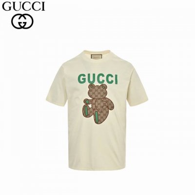Gucci 古驰 老花贴布小熊刺绣短袖 定织克重230针织棉，21支有机麻棉混纺面料，原身布切捆条做罗纹，原版定染颜色，采用进口田岛刺绣3D立体1.1定位，打底