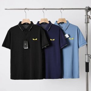 芬迪 Fendi猫眼春夏新品 相色条纹桑蚕丝polo衫 情侣款夏季简约透气T恤 间色镶边翻领短袖polo衫 经典小Logo撞色领口翻领polo衫~ 男士T恤 经