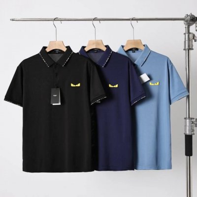 芬迪 Fendi猫眼春夏新品 相色条纹桑蚕丝polo衫 情侣款夏季简约透气T恤 间色镶边翻领短袖polo衫 经典小Logo撞色领口翻领polo衫~ 男士T恤 经
