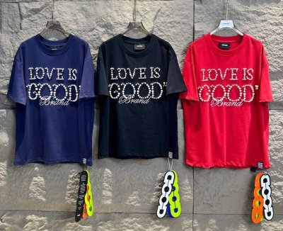 上新供 珍珠迎好运 Goodbrand Love Is Good珍珠标语320G短袖T恤 情侣同款 钉珠工艺 请勿机洗 颜色 黑色 蓝色 红色 码数 S M L