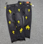 款号：H812 Chrome Hearts & 克罗心 高端克罗心黑色黄皮十字拼皮牛仔裤 潮流大叔同款 原版五金辅料水洗等吊卡，二维码解析均为采购原厂，还原度高