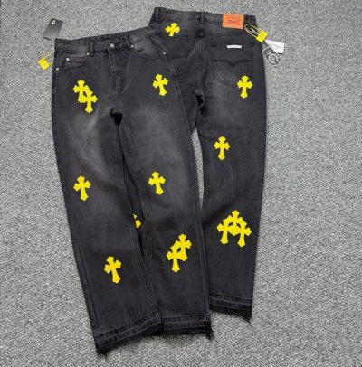 款号：H812 Chrome Hearts & 克罗心 高端克罗心黑色黄皮十字拼皮牛仔裤 潮流大叔同款 原版五金辅料水洗等吊卡，二维码解析均为采购原厂，还原度高