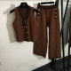 款号6270 Balmai*新款针织套装，狮子头金扣 撞色格子V领针织马甲+双排扣高腰阔腿长裤，咖色， 均码；胸围78，长50；腰围64弹力，长92