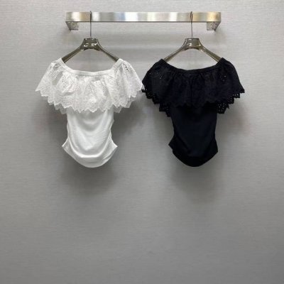 Va*25Ss 性感一字领重工绣花金属链点缀收腰上衣，高级面料，颜色:图片2色，面料：精纺棉面料 Smlxl