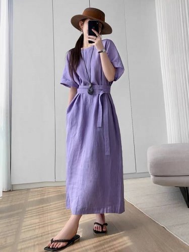 连衣裙 薰衣草紫色连衣裙女2025夏季新款宽松绑带收腰休闲时尚裙子 面料 棉麻 Sm Lxl S码胸围102肩宽溜肩腰围宽松裙长116 每个码胸围平铺腰围相差4
