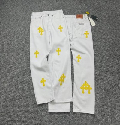 款号：H803 Chrome Hearts & 克罗心 高端克罗心白色黄皮十字拼皮牛仔裤 潮流大叔同款 原版五金辅料水洗等吊卡，二维码解析均为采购原厂，还原度高