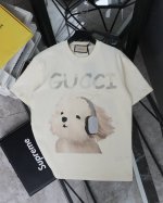 古驰 Gucci耳机小狗印花圆领短袖T恤 款号：361 原版面料官方同款短袖T恤 定制280 克同缸染面料手感非常舒服 春夏最新砖柜同步时尚又个性超级百搭好看的