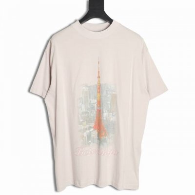 Balenciaga 巴黎世家 24Ss 东京银座铁塔夜景短袖T恤 复古平纹针织大廓形 康丽直喷正面饰以Ginza Tokyo艺作品印花 印花图案以裂纹和褪色效