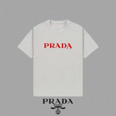 Prada 普拉达] 2025FW短袖T恤 LOGO印花 高端26s双纱300克面料 重磅面料 定制拉架罗纹同缸同染 三标齐全 男女同款 颜色：黑色 白色 灰色