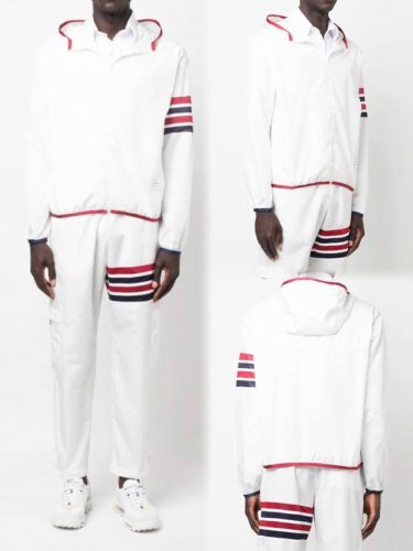 顶级版本！ Tb丨 Thom Browne 汤姆布朗 网眼臂环彩色条纹四条杠男女情侣款连帽防晒服皮肤衣. 颜色：白色. 材质：科技纳米20D桃皮菱形格颗粒面料.