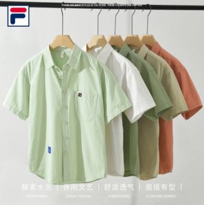 上新 P140【斐乐Fila25款高品质纯棉纯色刺绣日系个性短袖衬衫外套】 甄选纯棉优质面料，透气吸汗、不变形 不起球 细腻不糙手 耐磨性高 走线工整 亲肤抗