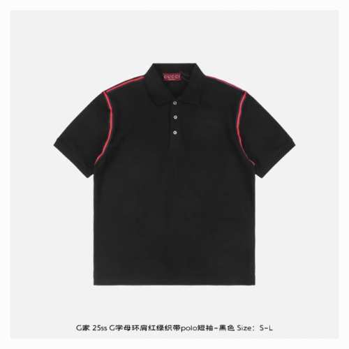 gucci 古驰 25Ss G字母环肩红绿织带polo短袖-黑色 面料采用原版定制 G全棉朱地布料 螺纹染色原版一致 原版定制红绿织带 衣服肩部两侧织带设计 胸