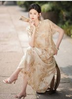 爆款上新！改良旗袍天丝苎麻套装连衣裙女夏新款高级感气质两件套裙子两件套立领衬衫A字裙套装 面料:天丝+苎麻 里布四面弹 图色 Smlxl