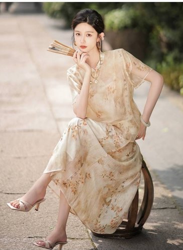 爆款上新！改良旗袍天丝苎麻套装连衣裙女夏新款高级感气质两件套裙子两件套立领衬衫A字裙套装 面料:天丝+苎麻 里布四面弹 图色 Smlxl