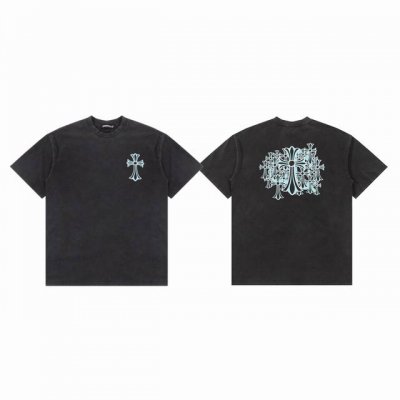 Chrome Hearts Ch 克罗心 冰蓝十字架印花重工水洗做旧情侣圆领短袖T恤-顶级版本 Color：水洗黑 Size：S M L Number：2503