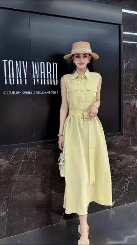 连衣裙 欧洲站立领无袖连衣裙女中长款2025春夏新款修身显瘦系腰带A字裙 面料：棉麻 Smlxl M码胸围94肩宽47腰围102裙长117 每个码胸围平铺腰围相