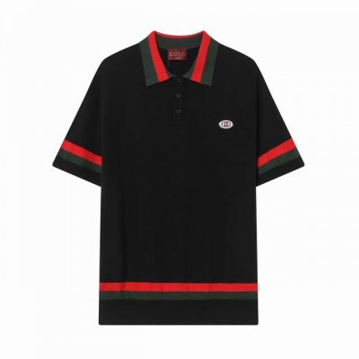 z224# Gucci古驰 Logo刺绣polo针织圆领拼接短袖T恤 注重细节 最求品质 男女同款 颜色：黑色 杏色 码数：Xs S M L