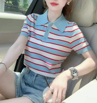 时尚百搭显瘦蓝红白条纹字母针织衫上衣 均码 天丝