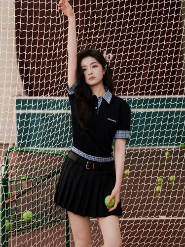 25Ssmiumiu李兰迪同款拼接格子百褶裙Smlp ：蓝