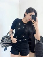 Ch家 早春新款 圆领蝴蝶结图案针织短袖 颜色：白色 黑色 尺码：36.38.40