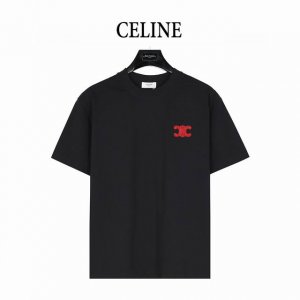 celine 赛琳 25Ss 植绒刺绣凯旋门Logo短袖T恤 定制50支精紧棉纱、活性染色，重固色、爽滑手感面料洗水做预缩、 面料做无尘工艺减轻了掉毛和毛灰的情