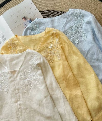 细节图 新品 7725款珠绣V领度假亚麻衬衣三个颜色均码 无麻不夏天自带呼吸感的“老钱风”亚麻材质全亚麻的面料天然纤维吸湿透气好穿着非常舒适。 采用高支高密织制