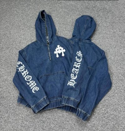款号：H814 Chrome Hearts & 克罗心连帽贴袋长袖半拉链夹克外套 不同水洗质感的款式，对腿细腿粗人士十分友好，直筒的版型十分修饰腿型 永不过时的