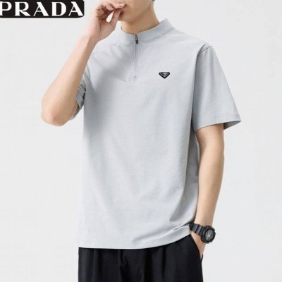 普拉达prada夏季新款 男女同款半拉链立领短袖运动短袖T恤衫 男士速干衣 上衣 颜色:黑色 蓝色 白色 军绿色 尺码:M-3Xl