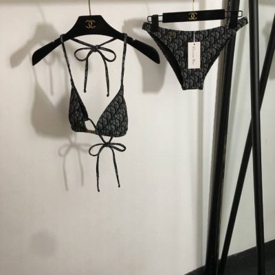 款号20252815 Dio*新款比基尼分体泳衣套装，老花Logo提花系带内衣+三角内裤，灰色，S-Xl，