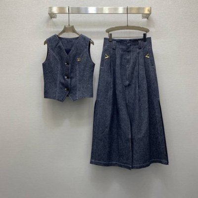 va*25Ss 性感V领明线设计马甲上衣阔腿长裤套装，高级面料，颜色:图片色，面料：亚麻牛仔棉面料 Smlxl
