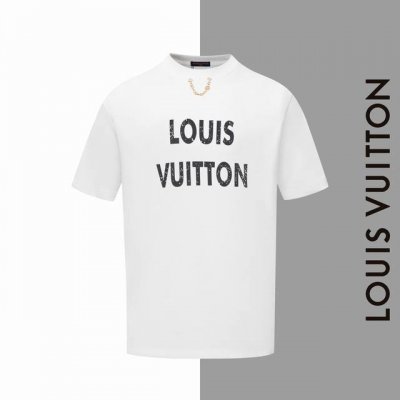 款号#Z18 lv破旧字母项链圆领短袖 louisvuitton官网一致款式 面料 32支双纱280克纯棉面料 同缸同色织染螺纹 颜色一致 工艺 白墨直喷字母印