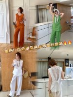重磅上新 百分百亚麻 高品质 气质老钱风百搭无袖松弛感上衣+松紧腰直筒长裤欧货夏季上新后背拼蕾丝透款三色套装Smlxl