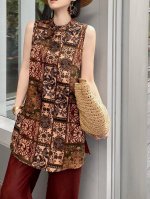 爆款出货九颗盘扣真丝花萝印花长款背心 图片色 码数S-Xxl
