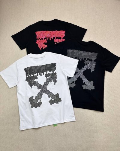 顶级版本上新 O49# -Off-White Ss24独家新款三色 熔岩泼墨水滴溶解3D印花Ow箭头Virgil Abloh警戒线高街复古短袖T恤 男女同款-