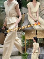 套装 高品质！重磅100%亚麻套装！设计师小众系带亚麻背心马甲+阔腿裤套装，极简时尚潮流亚麻套装Smlxl