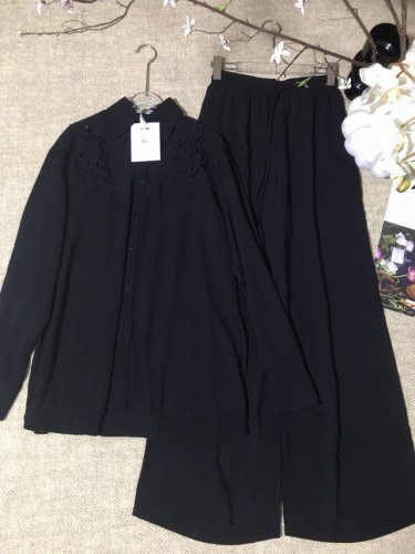 套装Dio*R新品镂空水溶蕾丝花边拼接亚麻翻领刺绣衬衫休闲宽松阔腿长裤 套装两件套Smlxl