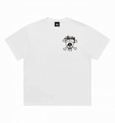 stussy 斯图西官网新款骷髅头圆领短袖半袖T恤 面料采用260克纯棉双纱食毛面料 双线二本针压线 久洗不变形 原版定制三标 高端进口印花 随意水洗 情侣可穿