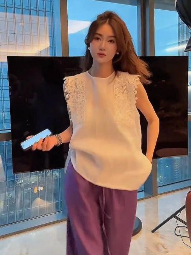 爆款出货！夏季气质高级感法式浪漫背心独特漂亮亚麻拼蕾丝上衣，十拿十补！Smlxl