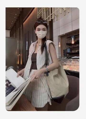 轻奢气质高级感亚麻套装夏季新款女装时尚撞色条纹麻料无袖衬衫+松紧腰短裤套装减龄休闲两件套，面料：面布亚麻，里布冰丝弹；图色四码Smlxl