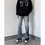 款号N211 Fog复古水洗拼接牛仔裤高街潮牌破洞宽松直筒Vibe风微喇叭裤子 颜色：图片色 码数：M-2Xl