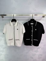 chane*25夏季亲肤绢丝亚麻，小翻领立体菱格针法，双C章仔口袋小开衫短袖精致气质，时尚百搭款米白 黑色2色 尺码Sml T226B
