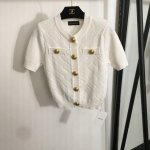 P200款号20250573 Balmai*新款 狮子头纽扣 菱格子短袖针织开衫 ，有垫肩，白色，咖色，蓝色，军绿色，黑色，Sml， M码；胸围82，袖长22，