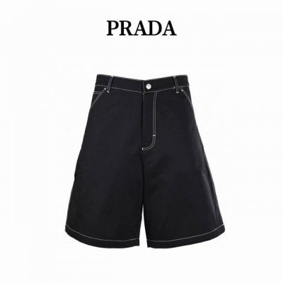 prada普拉达prd 三角标明线工装短裤 定织10*10高密斜纹活性黑全棉食毛面料 三角标采用红外线定位 小型模板机 画圆机 定位车缝 定制1:1 prada