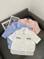 Miu家 春夏新款学院风刺绣翻领短款衬衫宽松百搭上衣 三色三码Sml 面料:棉