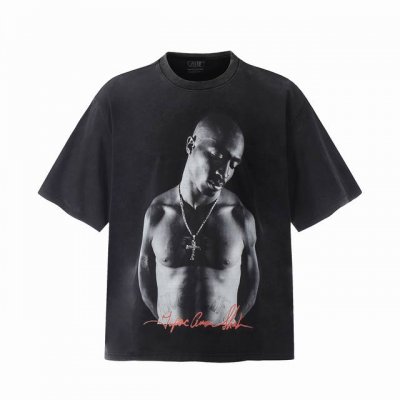 Vt9183 图派克Tupac说唱歌手2pac人像Big Face数码直喷印花复古水洗做旧短袖T恤 小领口设计 白墨数码直喷印花 高街复古重磅做旧水洗Vinta