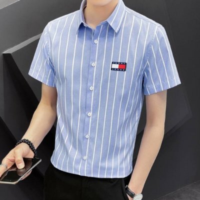 tommy 汤米大标刺绣条纹短袖衬衫 2025年汤米新款夏季必备款基础条纹衬衫 条纹款衬衫永远经典白搭不过时 四季都可以搭配叠穿 白色 蓝色 灰色三个颜色耐看易
