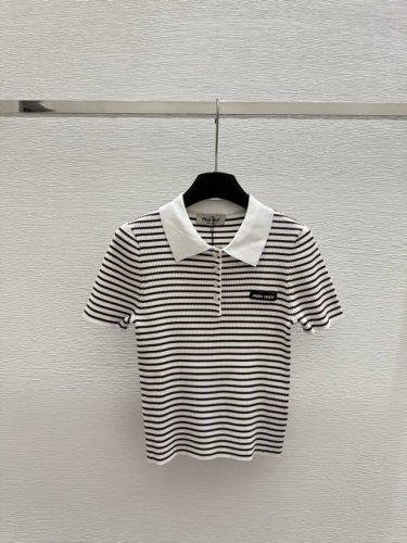 M家 早春新款 翻领条纹针织短袖 颜色：白色 尺码：36.38.40