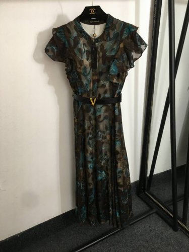 款号20252464 Versac*新款 优雅知性蝴蝶印花荷叶袖收腰背心连衣裙，配腰带，图片色，S-Xl， S码；胸围82，腰围64，长127