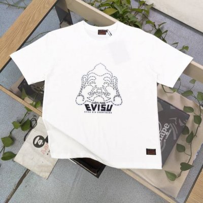 上新 款号：F639 2025新款Evisu福神经典大佛头图案Logo字母印花休闲情侣圆领短袖T恤，经典永远不会过时、人手必备款，230G纯棉精梳棉不起球不起毛