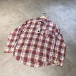 Carhartt卡哈特 实体品质高定款格子绣标纯棉磨毛格纹元素拼接撞色毛边衬衫情侣款 Color: 冷调红 Size: M-Xl M 肩宽54 胸围 衣长72